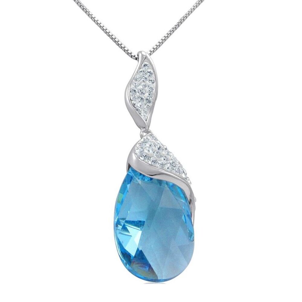 Sterling Silver Aqua Blue  Pendant- Necklace with Swarovski Crystals